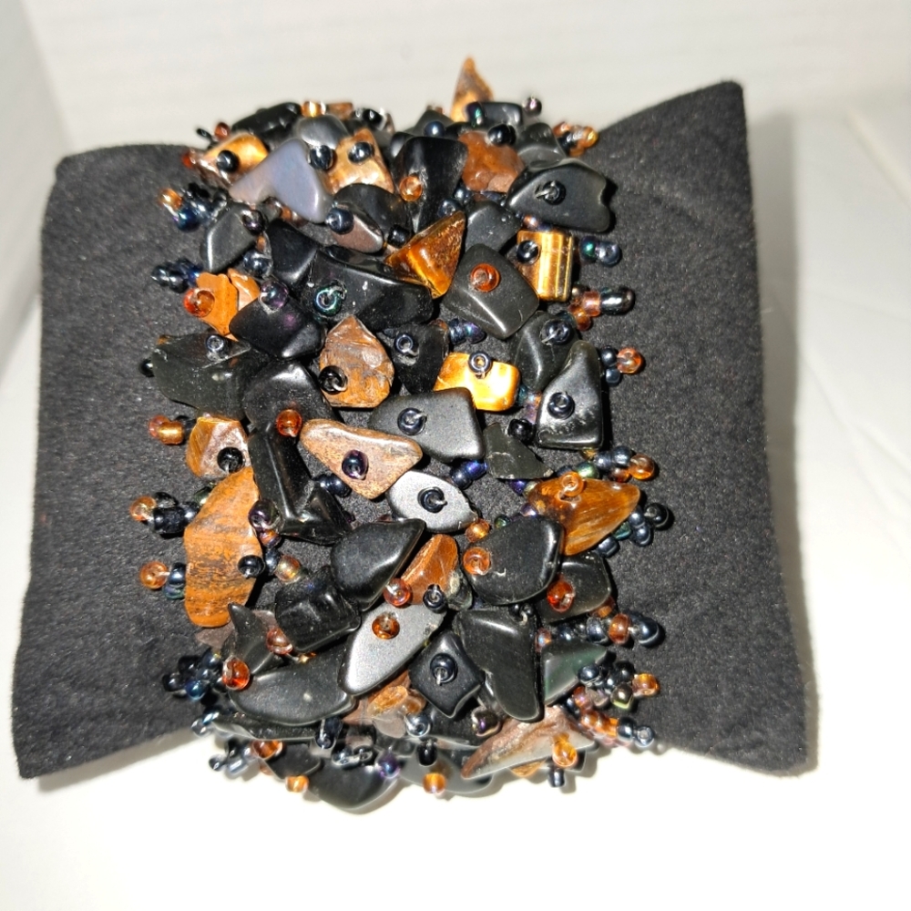 Vintage Boho Tiger's Eye Gemstone Chipped Wide Cuff Bracelet